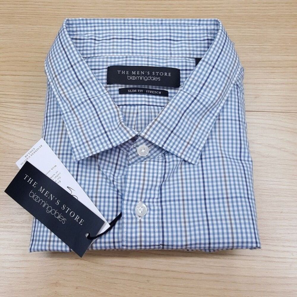 BLOOMINGDALES Shirt Mens XL Blue Grid Check Button Up Slim Fit Workwear Plaid
